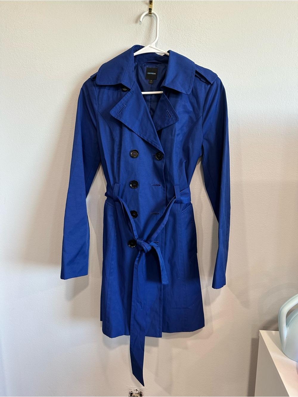 Express Cobalt Blue Double Breasted Belted Trench Coat Jacket Size Small